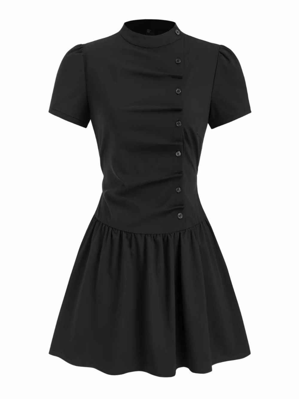 CIDER Stand Collar Puff Sleeve Tie Back Button Mini Dress